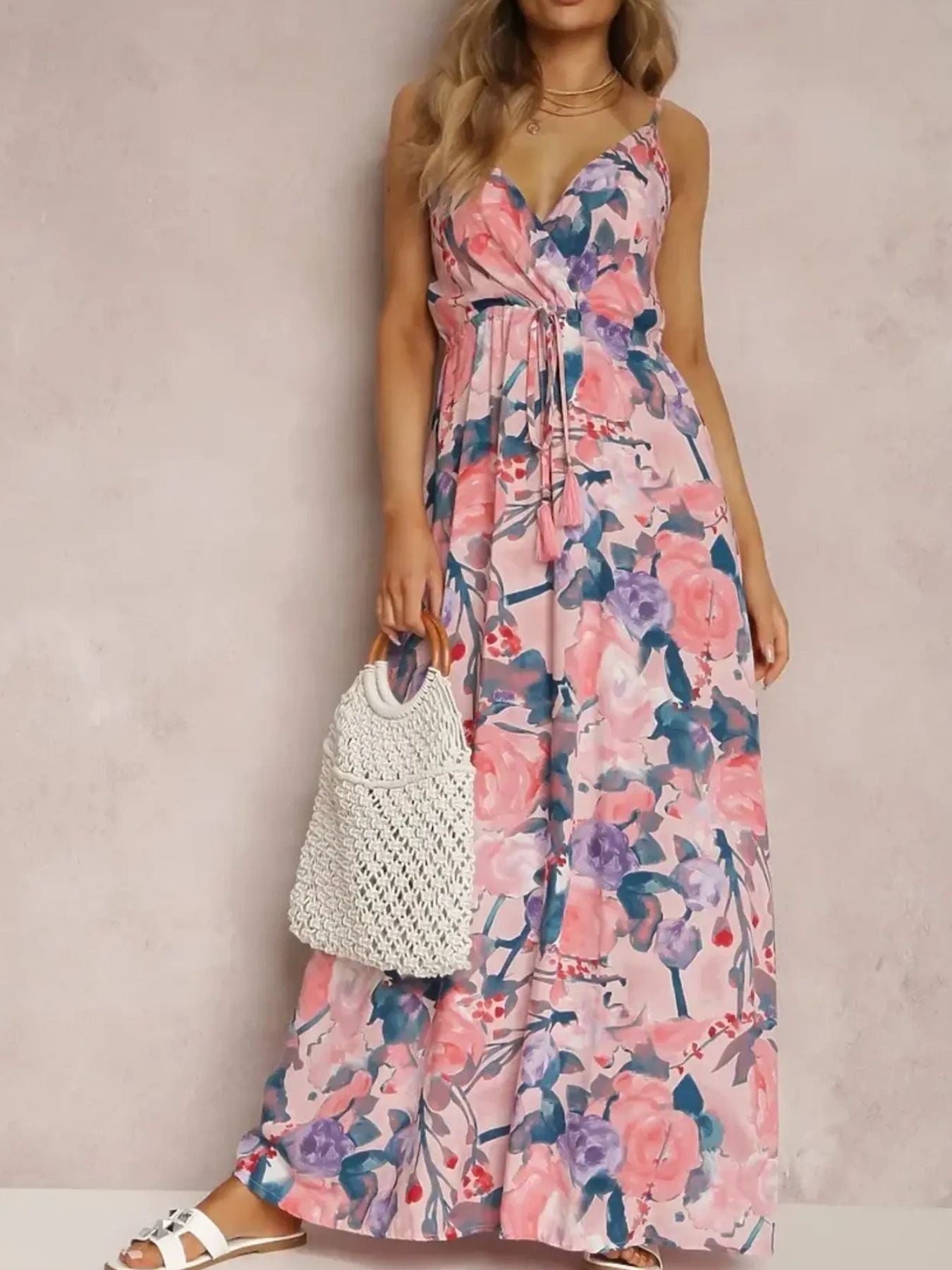 Floral Print Surplice Spaghetti Strap Maxi Dress Trendsi