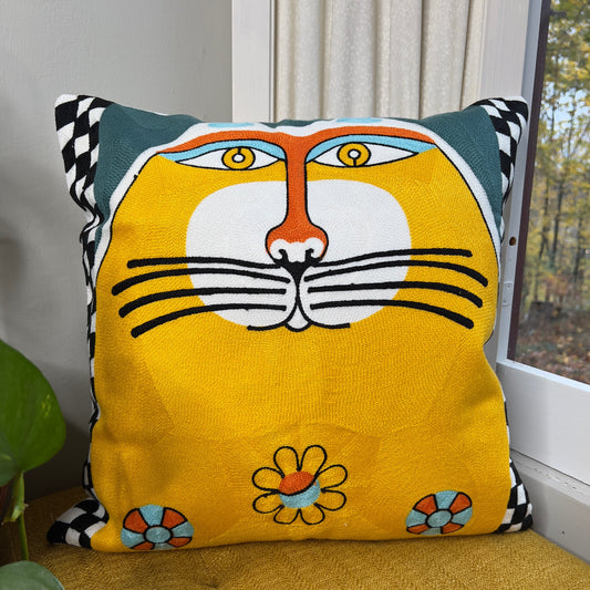 Checkered Taxi Cat Embroidered Pillow Cover  DAME BOHEME