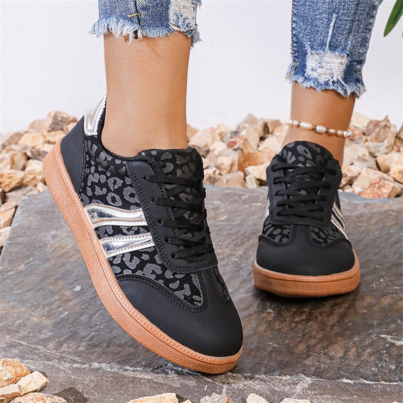 Leopard Round Toe Lace Up Athletic Sneakers Trendsi
