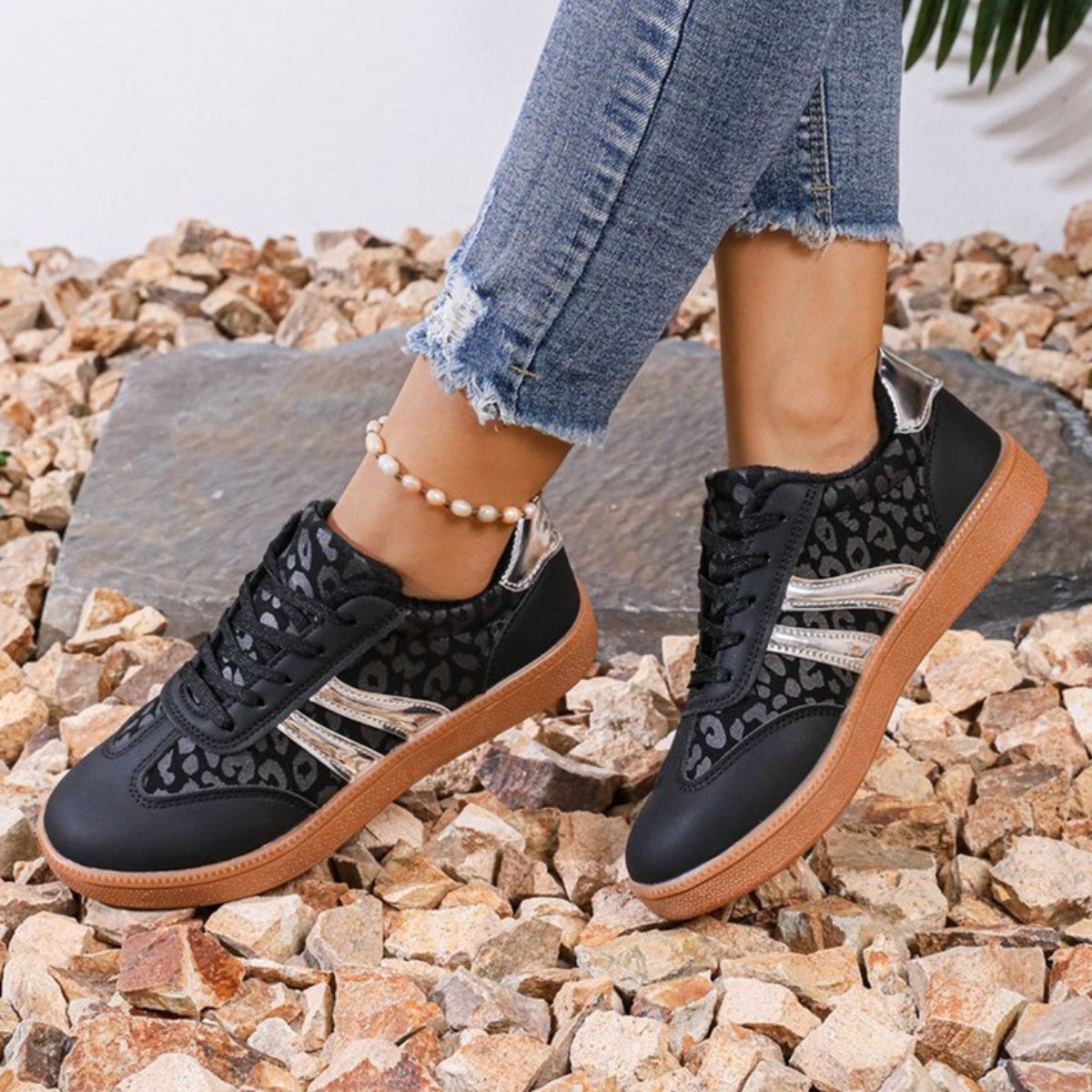 Leopard Round Toe Lace Up Athletic Sneakers Trendsi