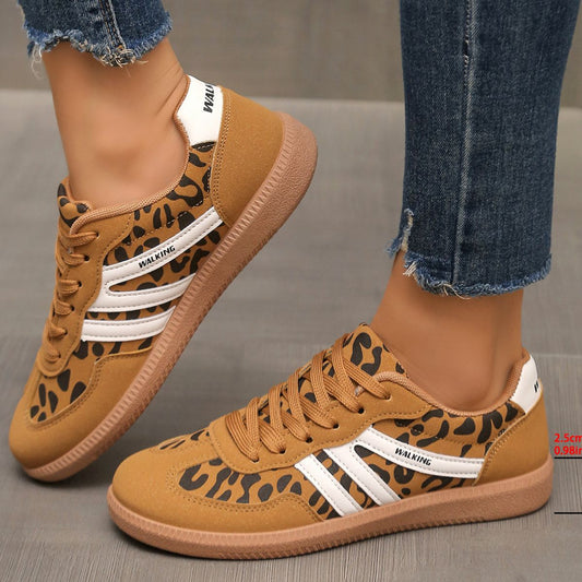 Leopard Round Toe Lace Up Sneakers Trendsi