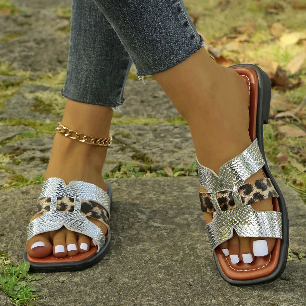 Metallic Leopard Open Toe Flats Sandals