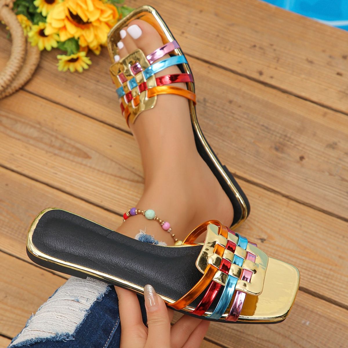 Multicolor Open Toe Flats Sandals