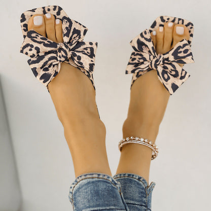 Open Toe Cheetah Print Flats Bow Fabric Sandals Trendsi