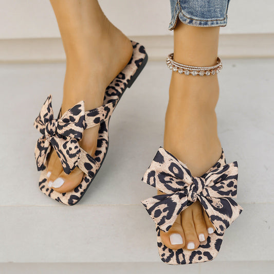 Open Toe Cheetah Print Flats Bow Fabric Sandals Trendsi