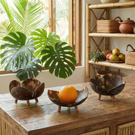 Coconut Bowls in Set of 3 | Decorative Boho Rustic Footed Bowls  DAME BOHEME