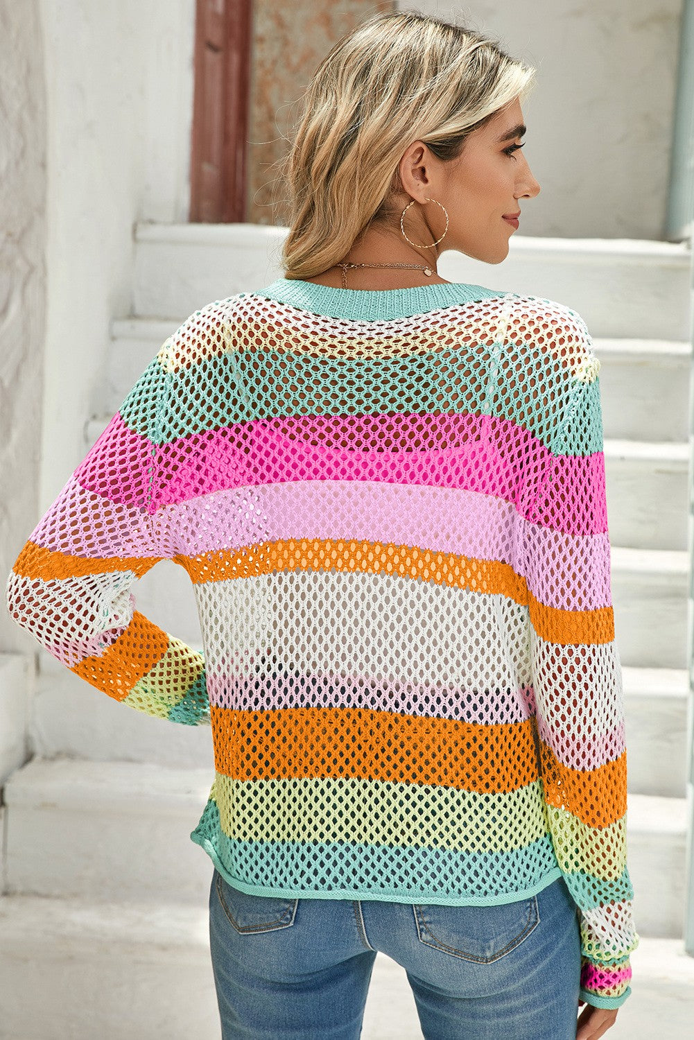 Colorblock Striped Hollow Knitted Top SHEWIN INC.