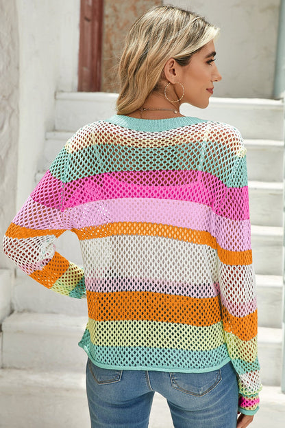 Colorblock Striped Hollow Knitted Top SHEWIN INC.