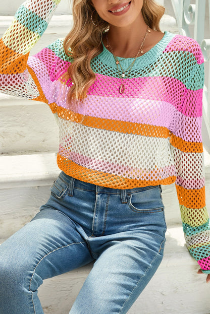 Colorblock Striped Hollow Knitted Top SHEWIN INC.