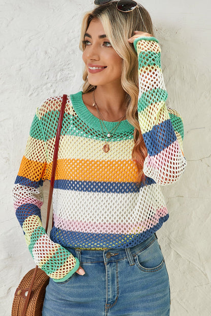 Colorblock Striped Hollow Knitted Top SHEWIN INC.