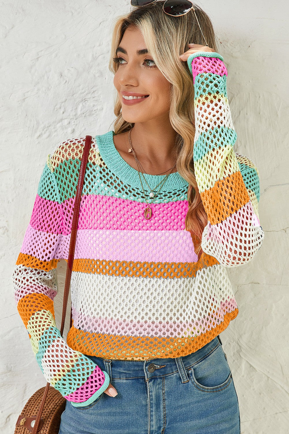 Colorblock Striped Hollow Knitted Top SHEWIN INC.