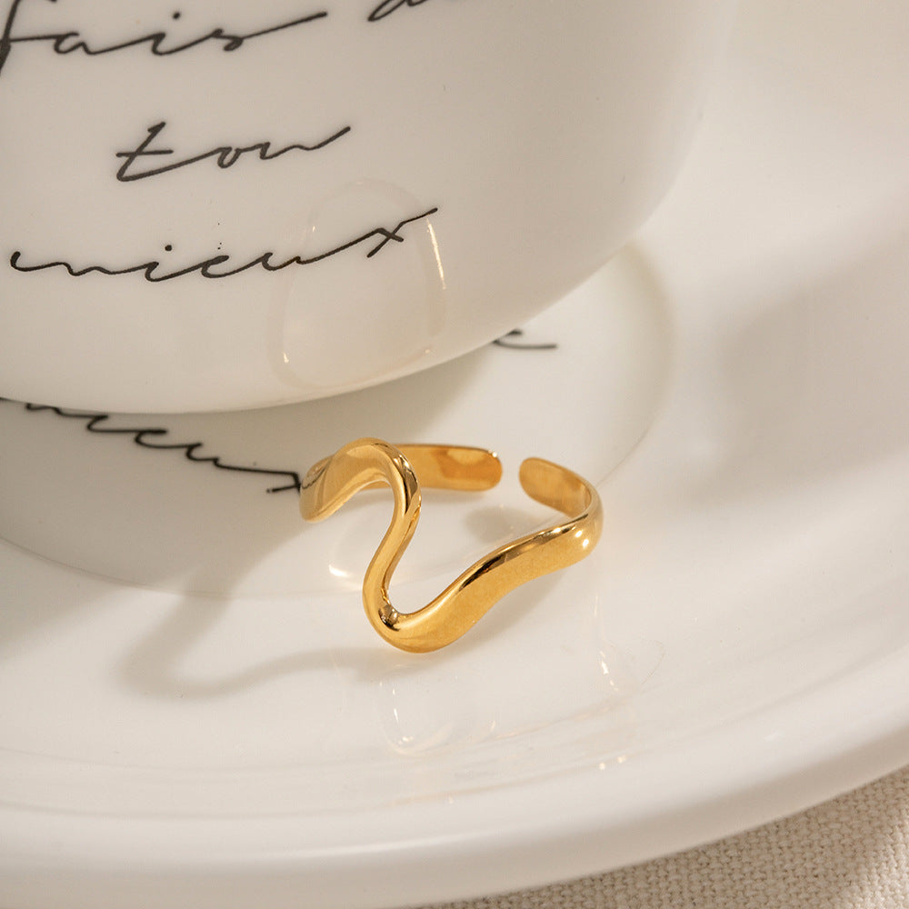 Abstract Wavy Stainless Steel Asymmetrical Ring