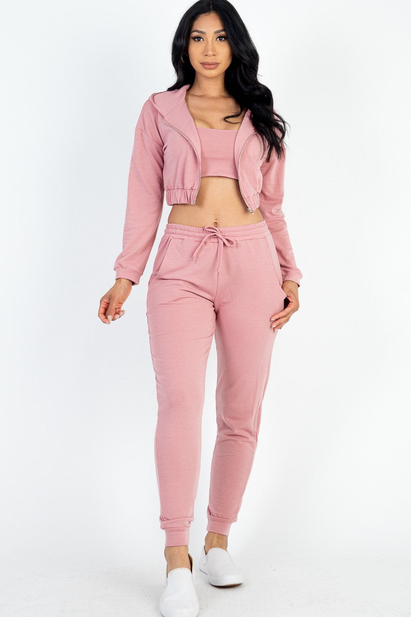 Cropped Cami with Zip-up Jacket and Joggers 3 Piece Set Capella