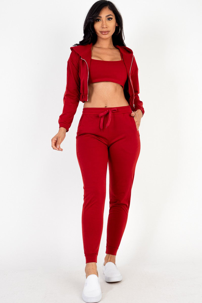 Cropped Cami with Zip-up Jacket and Joggers 3 Piece Set Capella