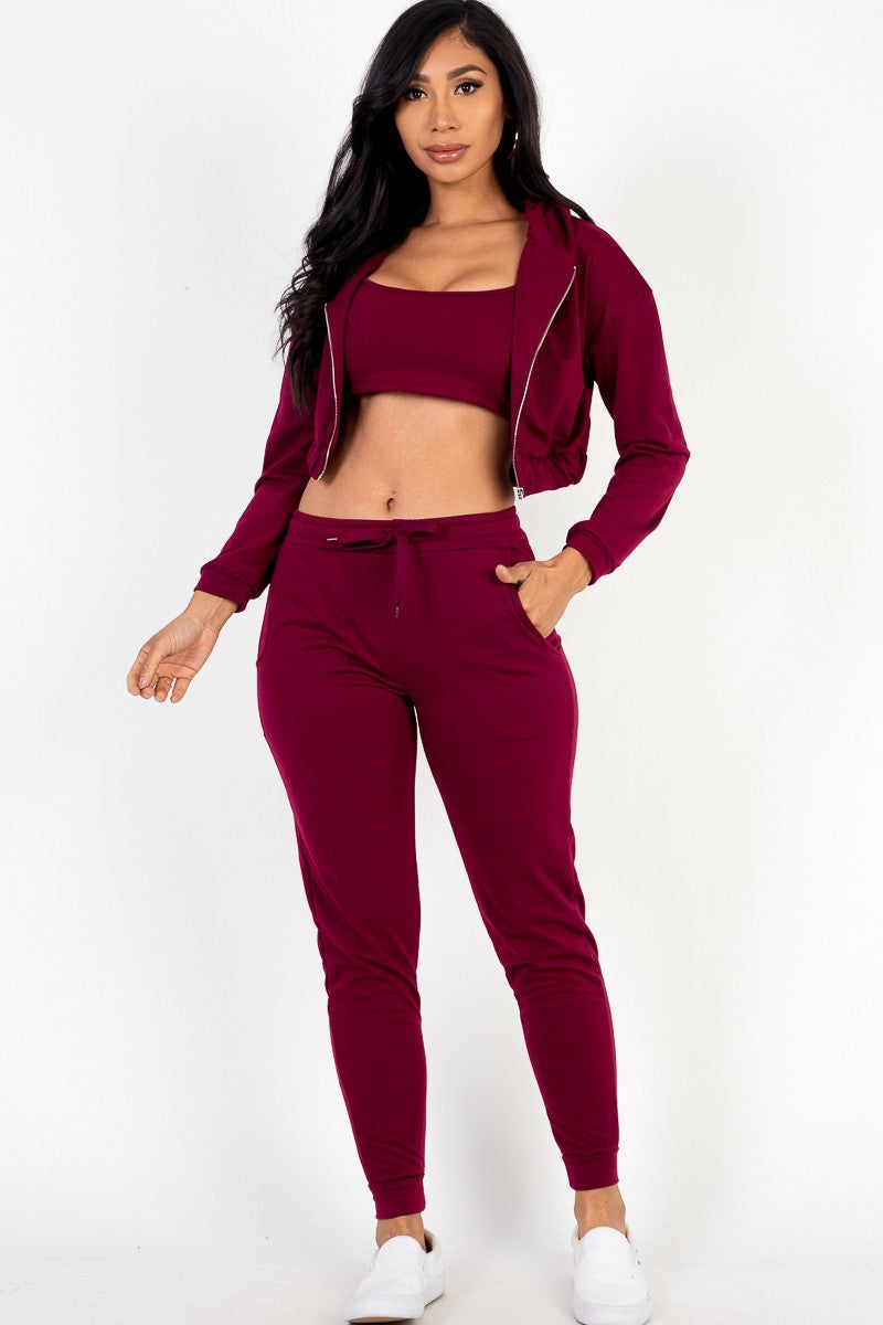 Cropped Cami with Zip-up Jacket and Joggers 3 Piece Set Capella