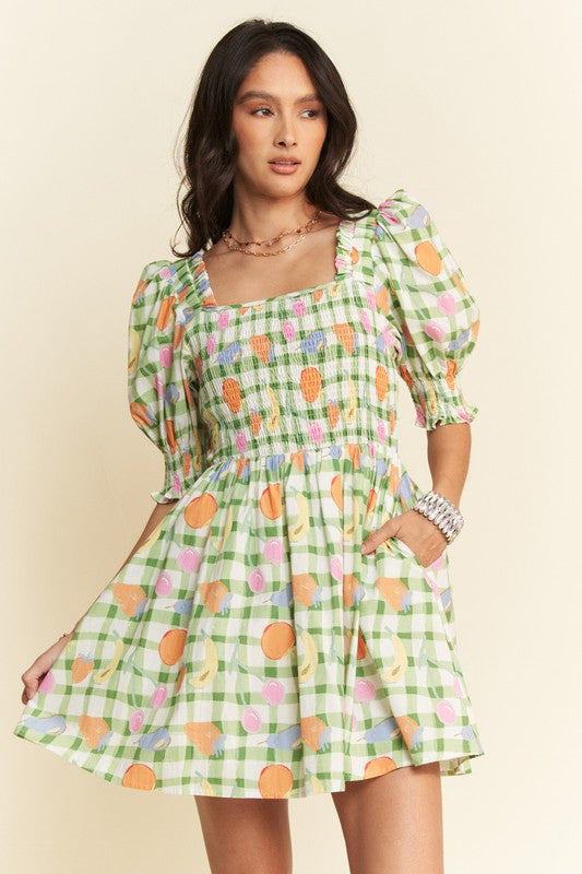 Davi & Dani Fruits Printed Smocking Mini Dress