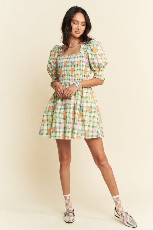 Davi & Dani Fruits Printed Smocking Mini Dress