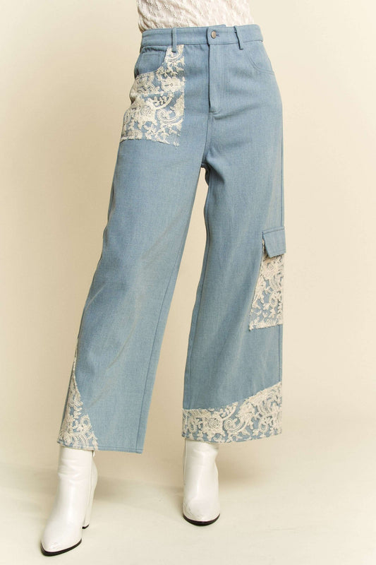 White Lace Applique Wide Leg Light Blue Denim Jeans Trendsi