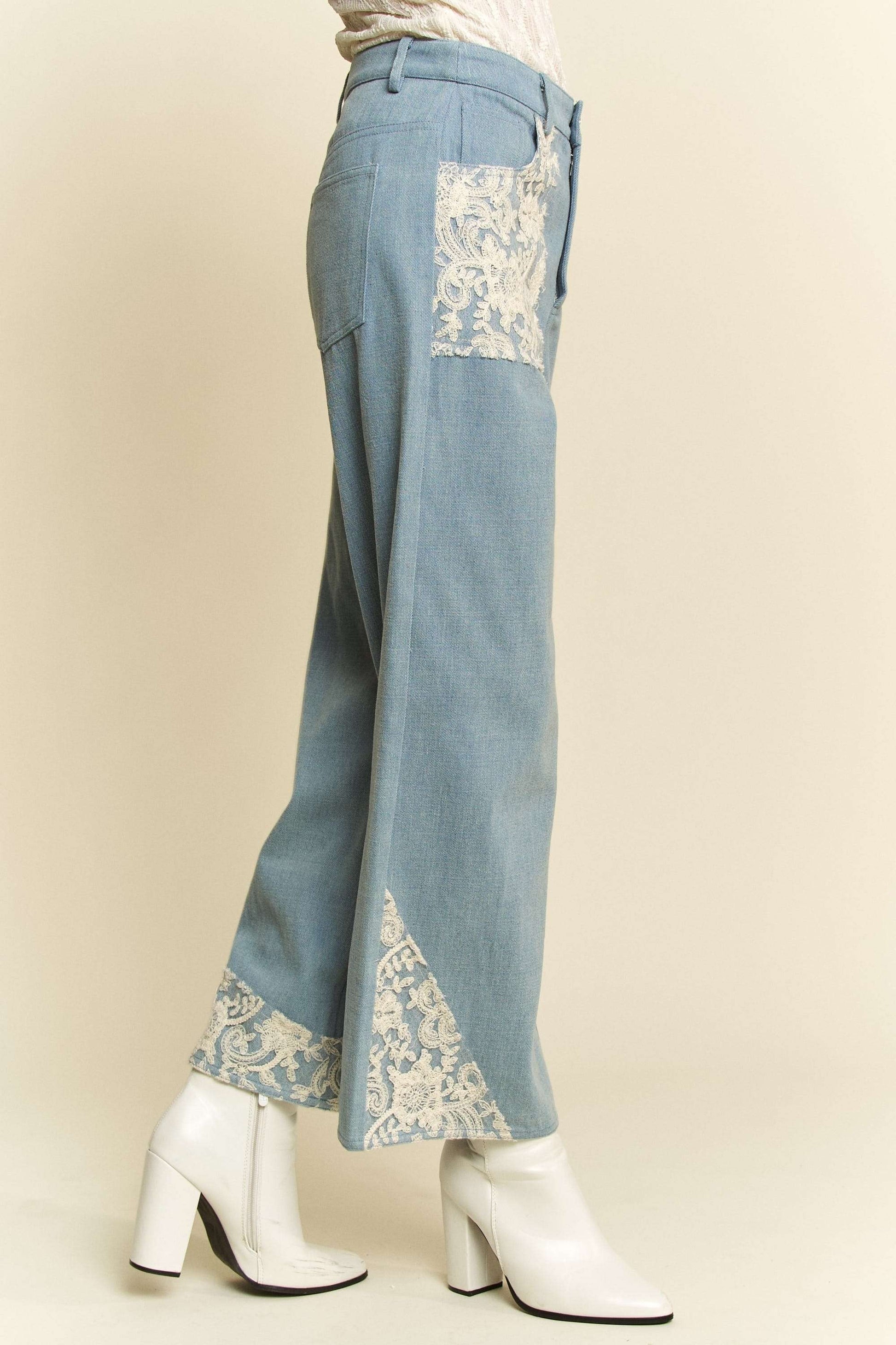 White Lace Applique Wide Leg Light Blue Denim Jeans Trendsi