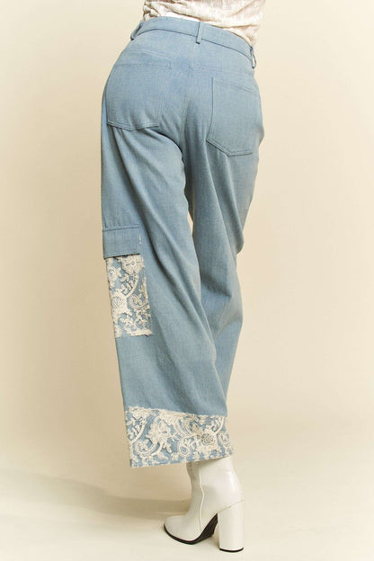 White Lace Applique Wide Leg Light Blue Denim Jeans Trendsi