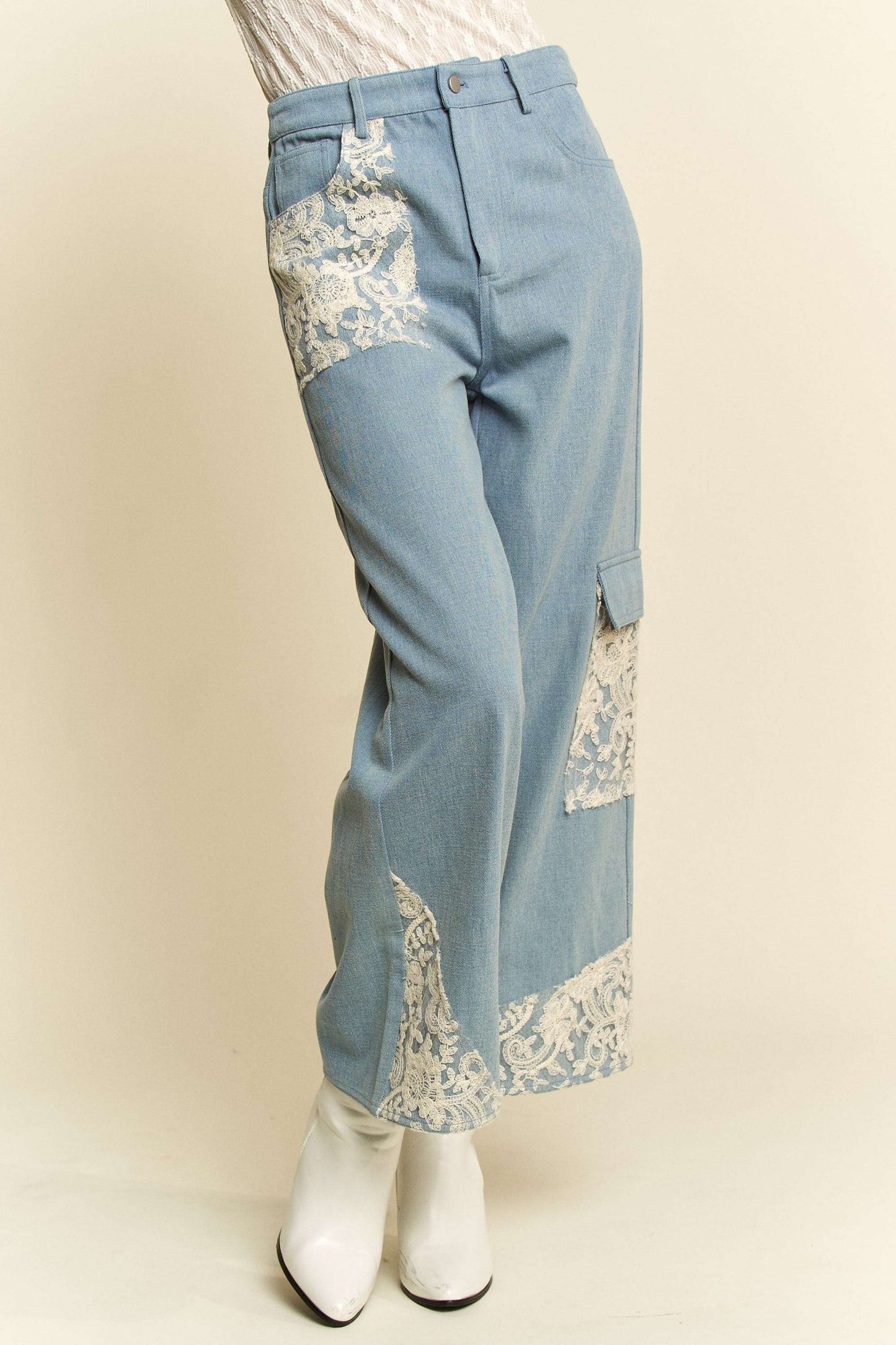 White Lace Applique Wide Leg Light Blue Denim Jeans Trendsi