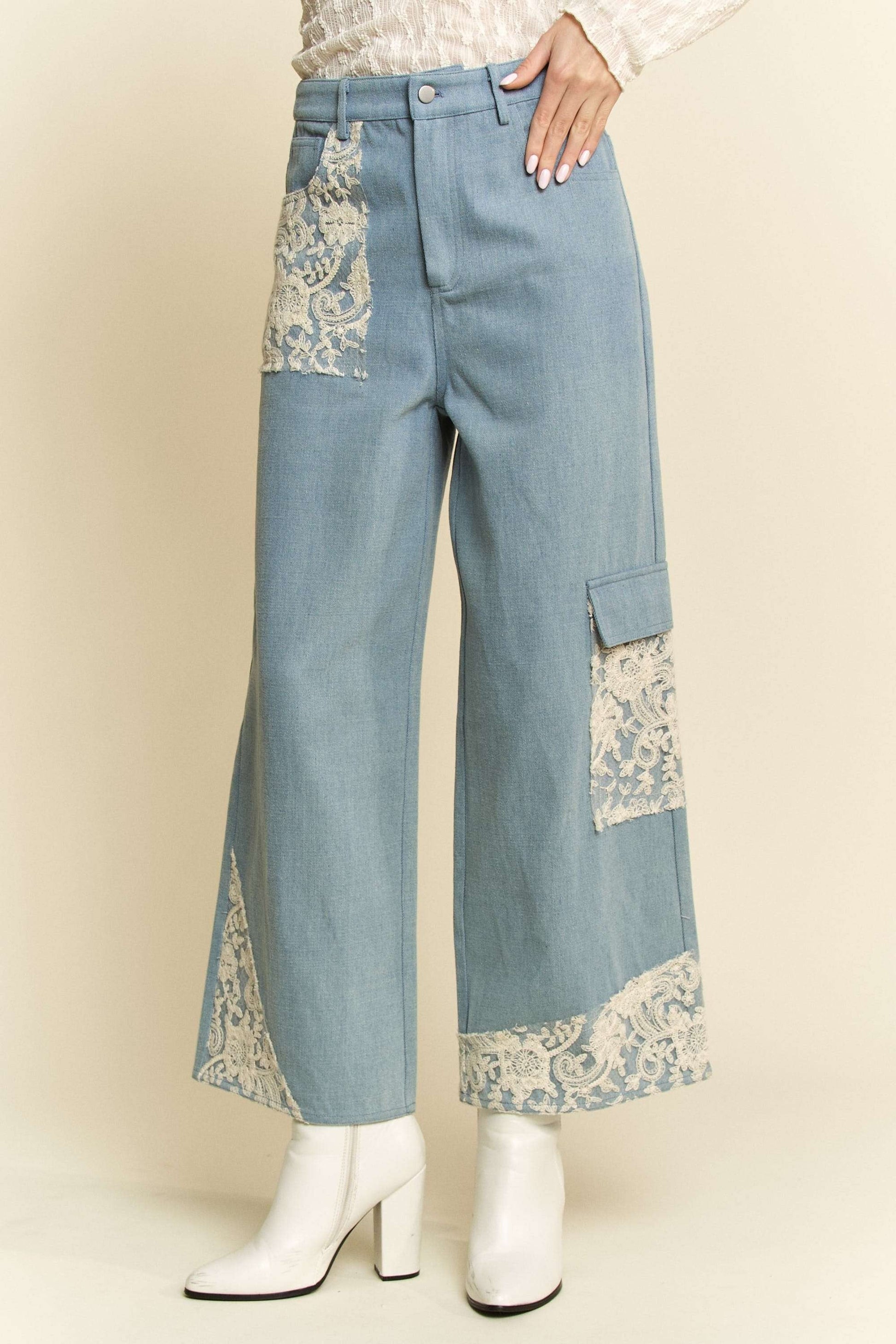 White Lace Applique Wide Leg Light Blue Denim Jeans Trendsi