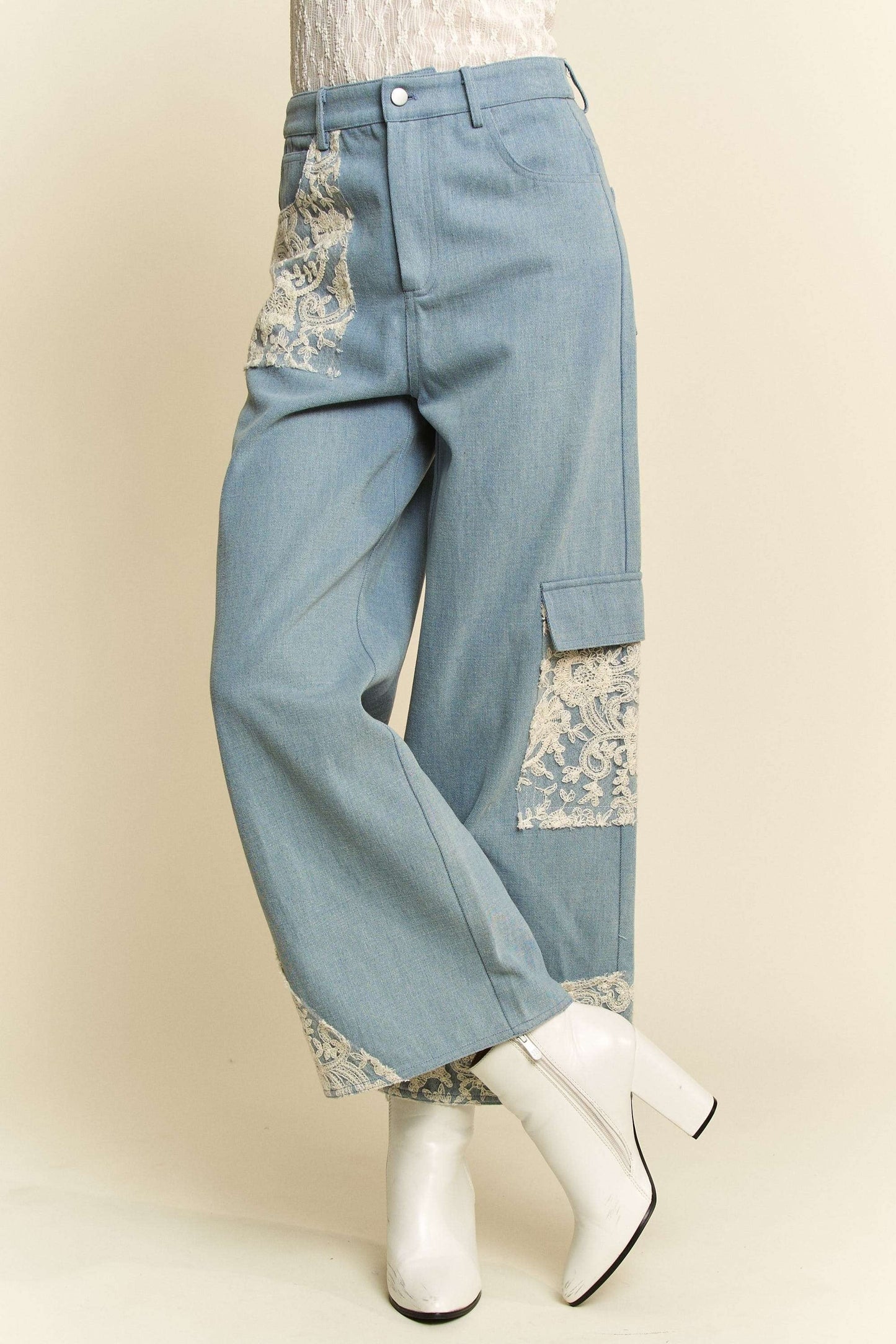 White Lace Applique Wide Leg Light Blue Denim Jeans Trendsi
