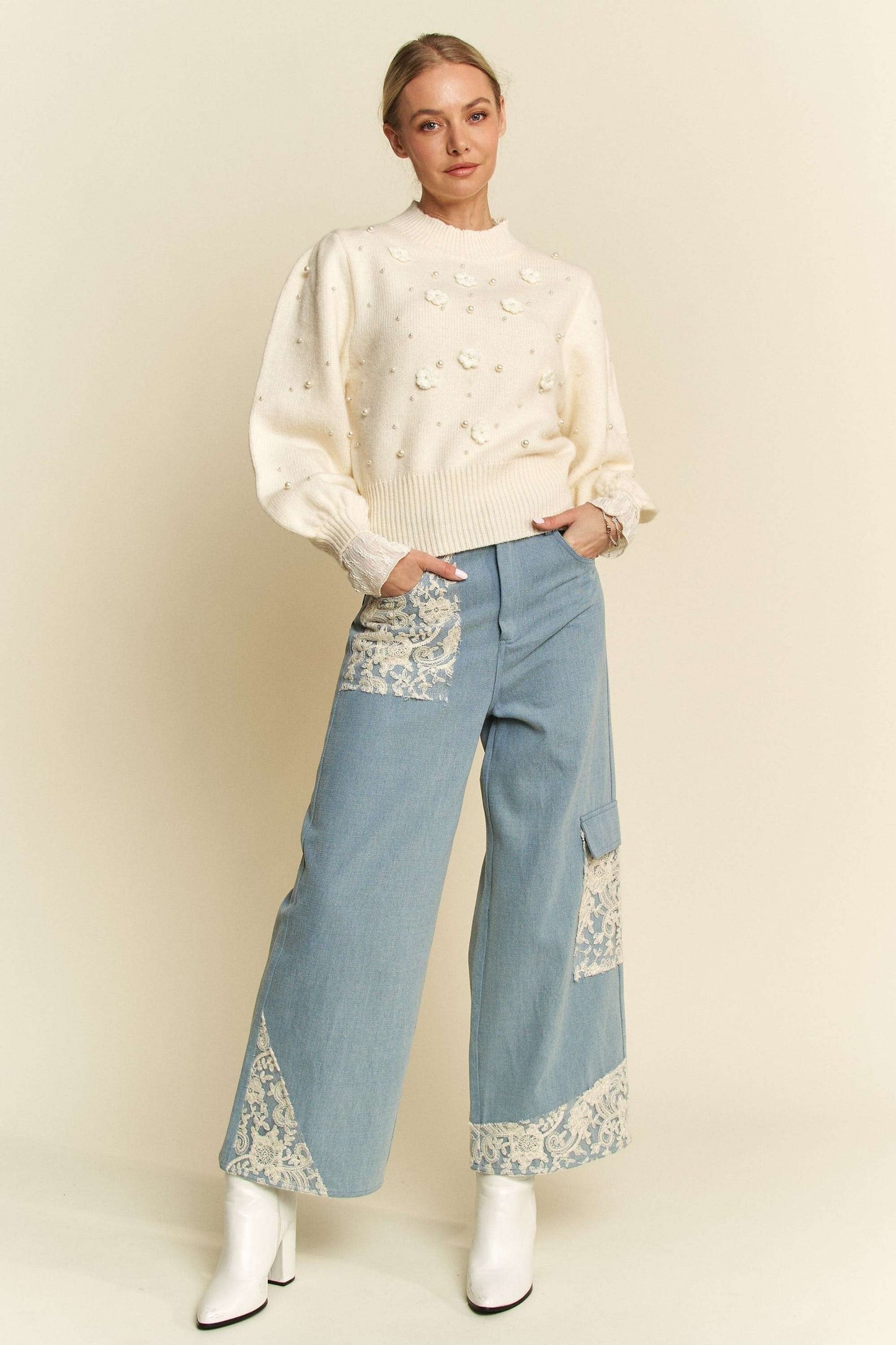 White Lace Applique Wide Leg Light Blue Denim Jeans Trendsi