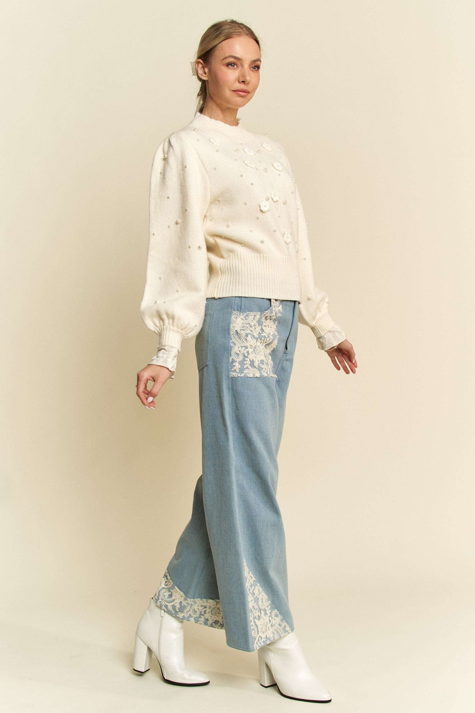 White Lace Applique Wide Leg Light Blue Denim Jeans Trendsi