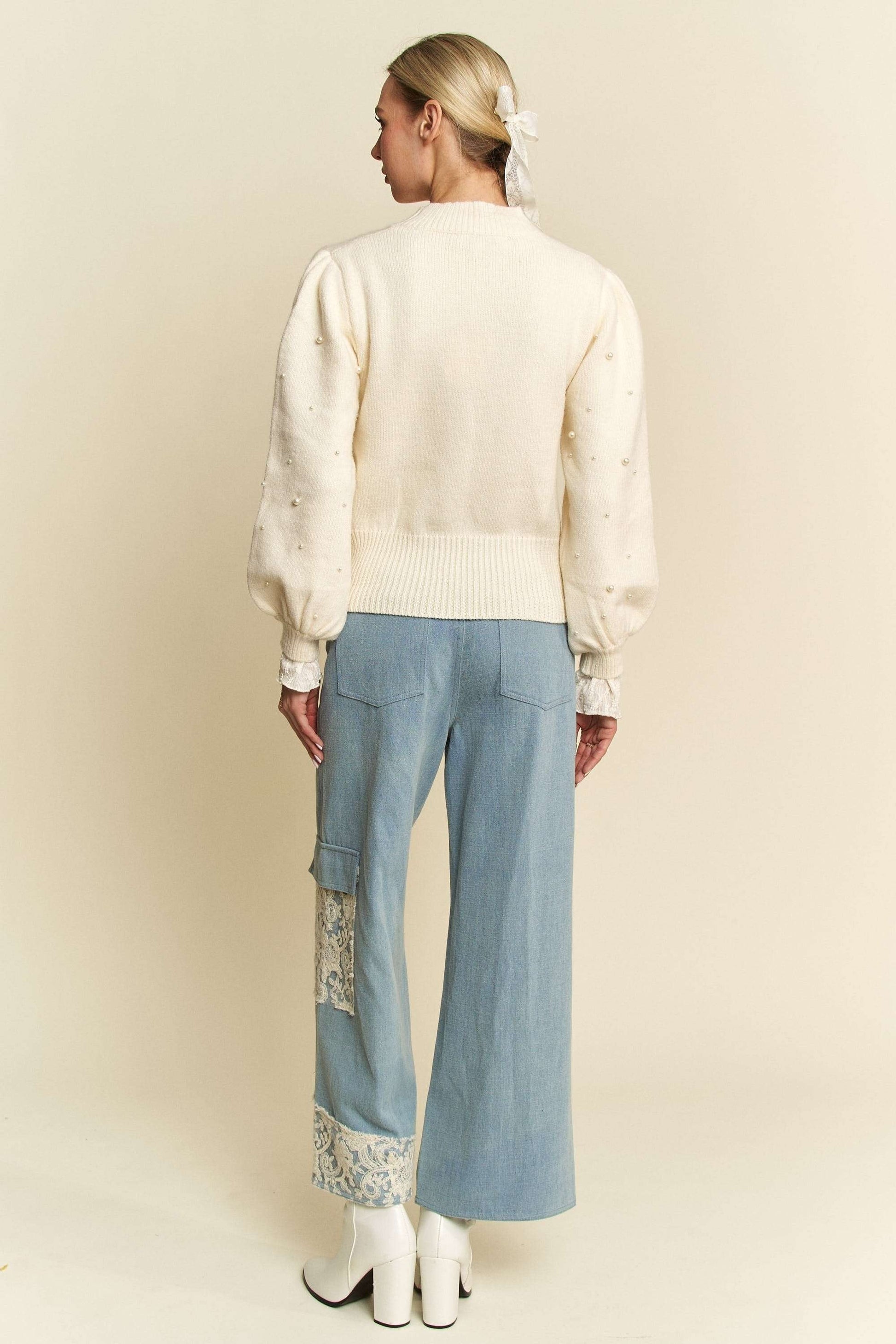 White Lace Applique Wide Leg Light Blue Denim Jeans Trendsi