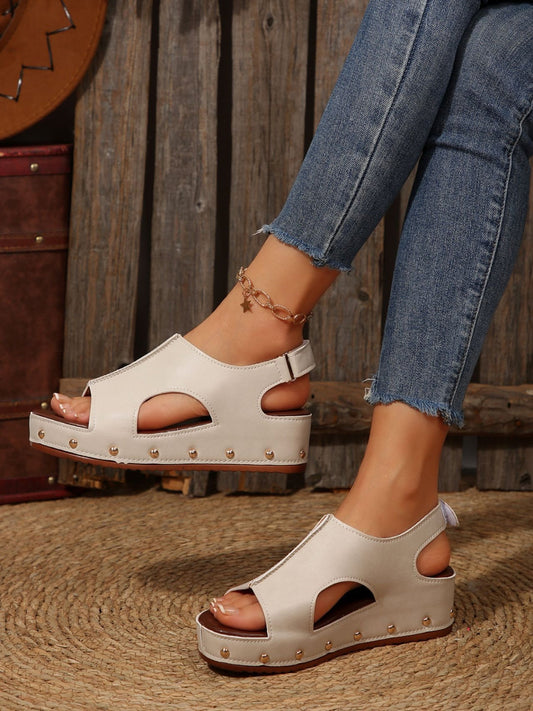PU Leather Studded Wedge Sandals Trendsi