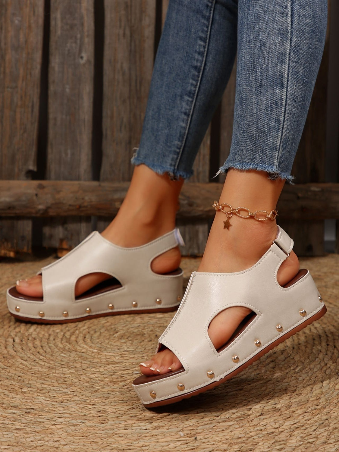 PU Leather Studded Wedge Sandals Trendsi