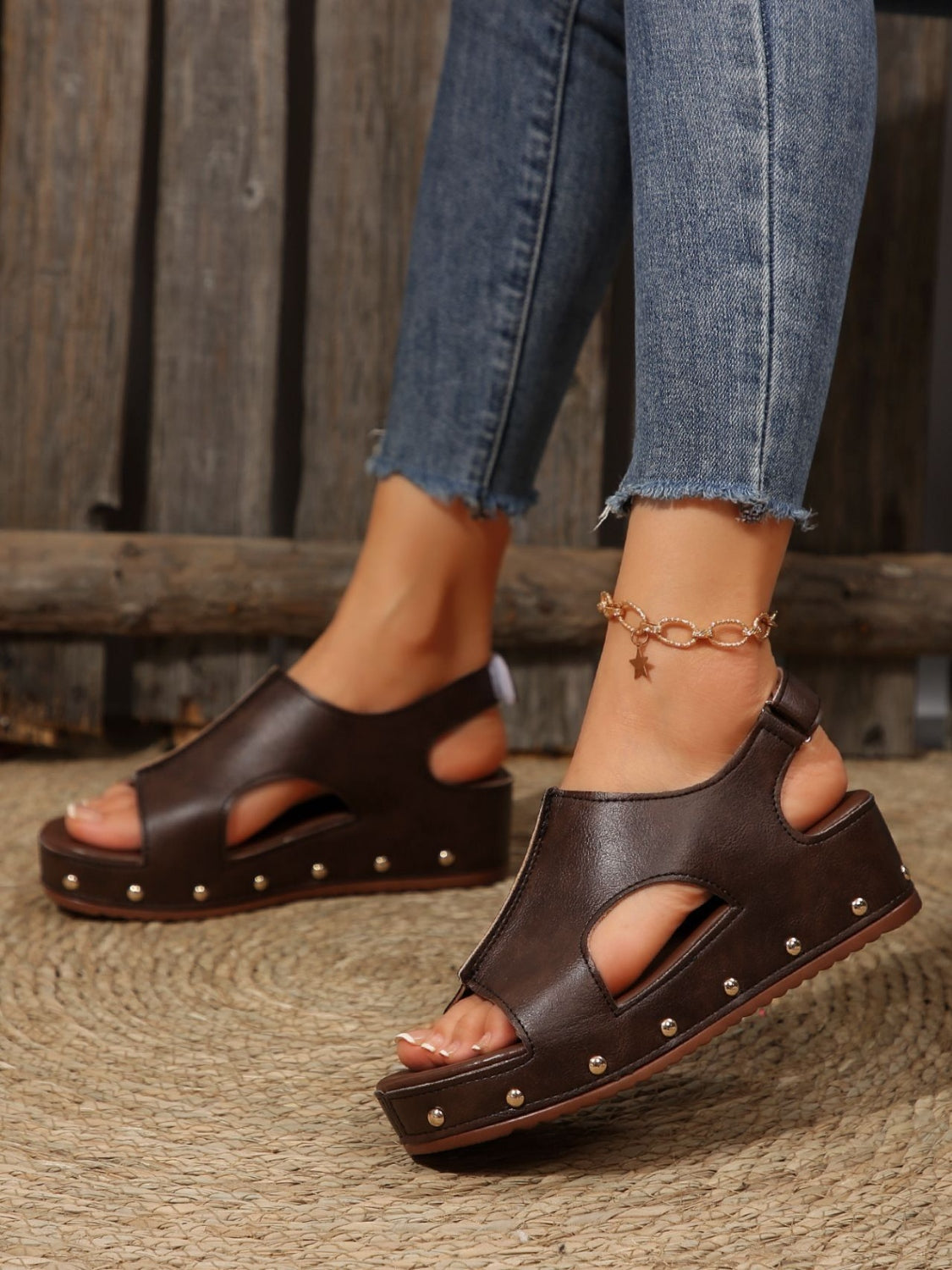 PU Leather Studded Wedge Sandals Trendsi