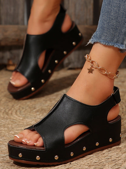 PU Leather Studded Wedge Sandals Trendsi