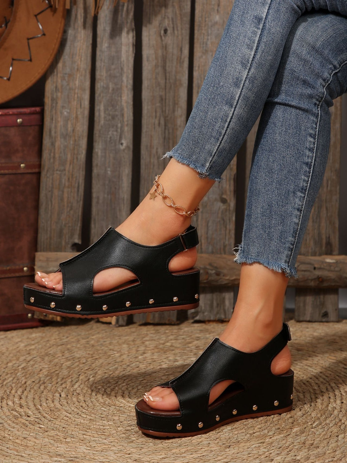 PU Leather Studded Wedge Sandals Trendsi