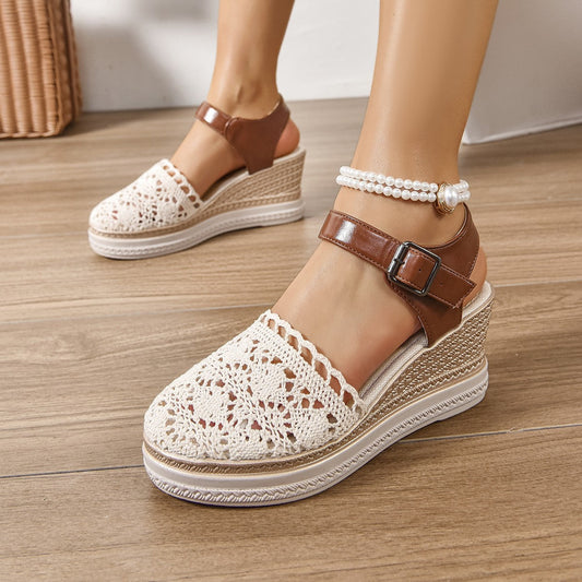 Round Toe Crochet Wedge Sandals Trendsi
