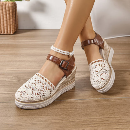 Round Toe Crochet Wedge Sandals Trendsi