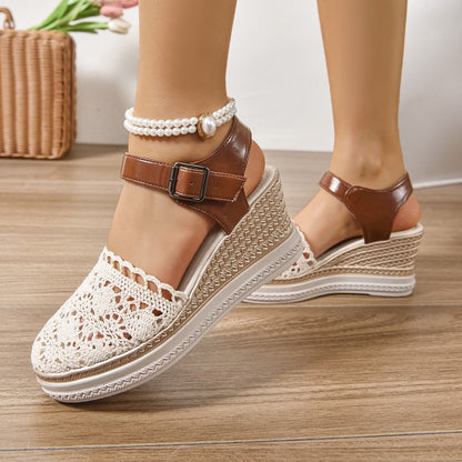 Round Toe Crochet Wedge Sandals Trendsi