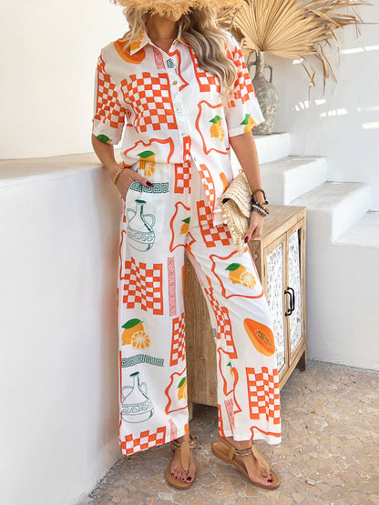 Devine Printed Collared Neck Half Sleeve Top and Pants Set Trendsi