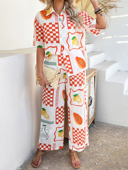 Devine Printed Collared Neck Half Sleeve Top and Pants Set Trendsi