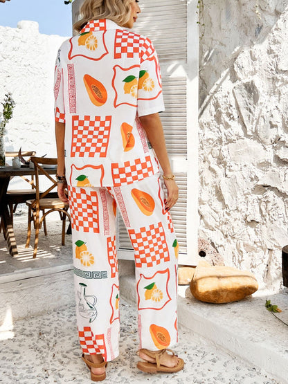 Devine Printed Collared Neck Half Sleeve Top and Pants Set Trendsi