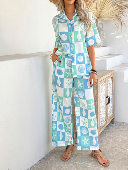 Devine Printed Collared Neck Half Sleeve Top and Pants Set Trendsi