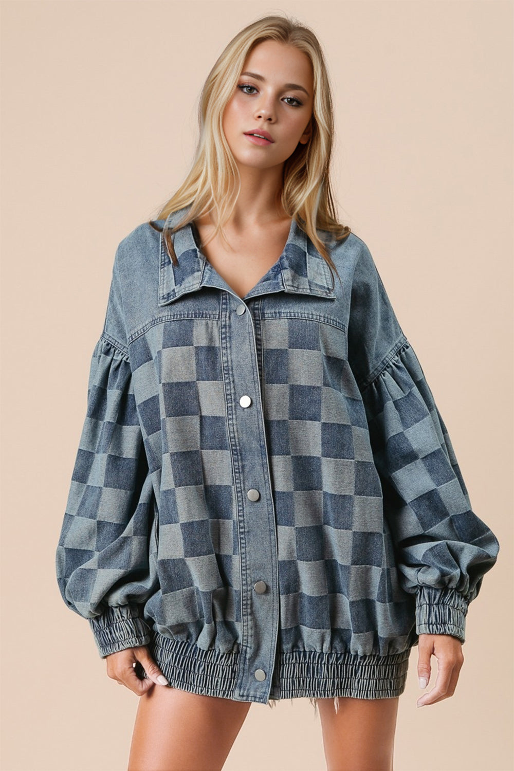 Double Take Checkered Button Up Denim Jacket Trendsi