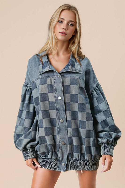 Double Take Checkered Button Up Denim Jacket Trendsi