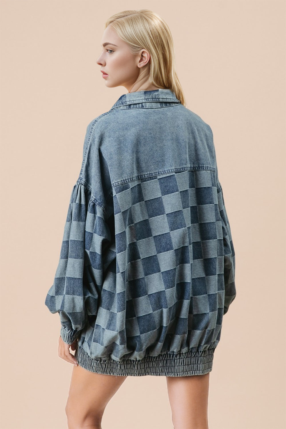 Double Take Checkered Button Up Denim Jacket Trendsi