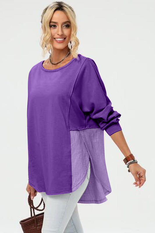 Double Take Colorblock Long Sleeve High-Low T-Shirt Trendsi