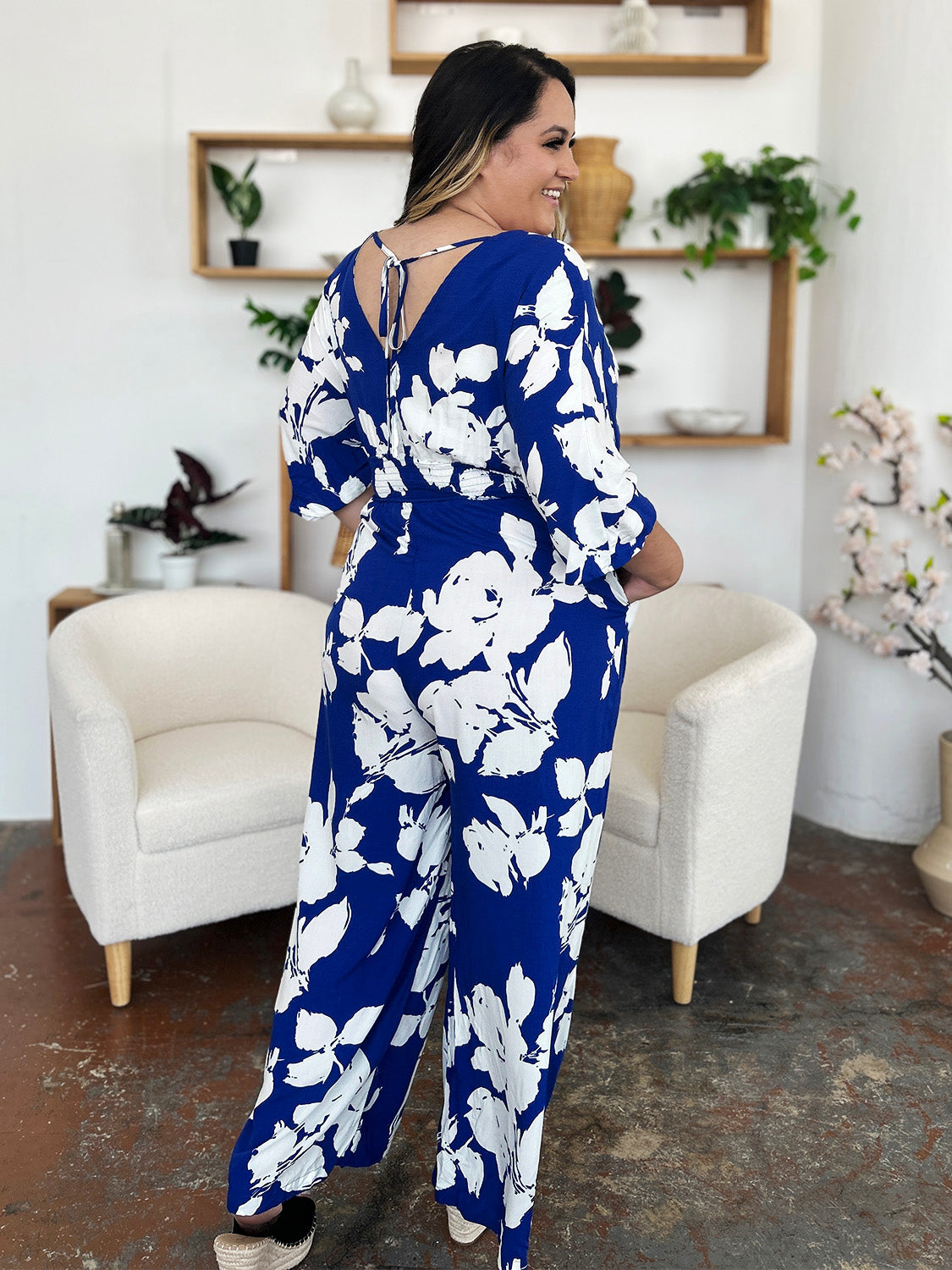 Double Take Full Size Printed Tie Back Wide Leg Jumpsuit Trendsi