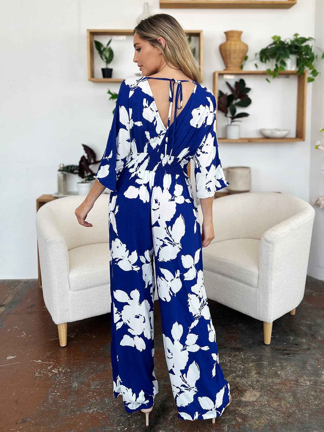 Double Take Full Size Printed Tie Back Wide Leg Jumpsuit Trendsi