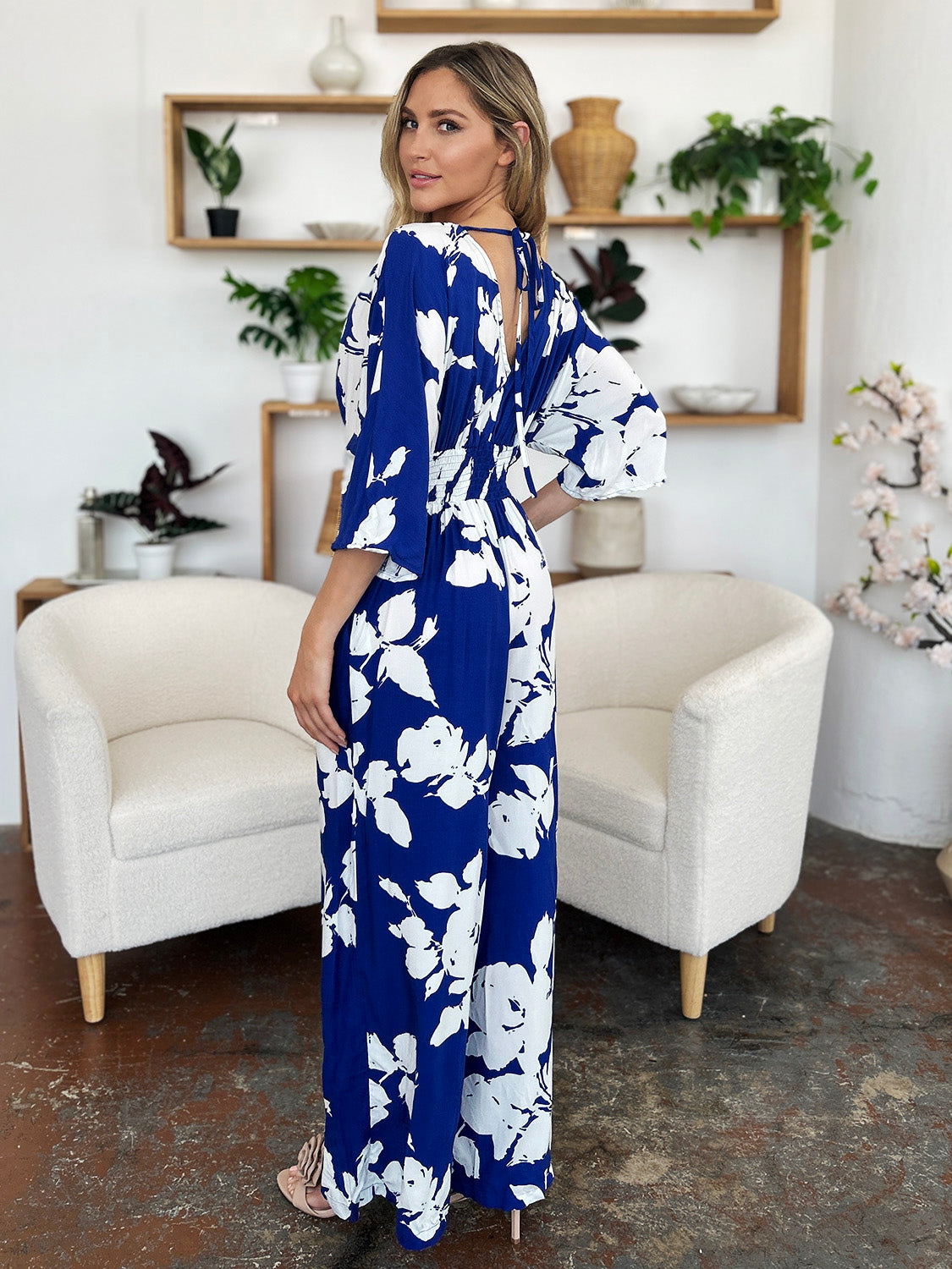 Double Take Full Size Printed Tie Back Wide Leg Jumpsuit Trendsi