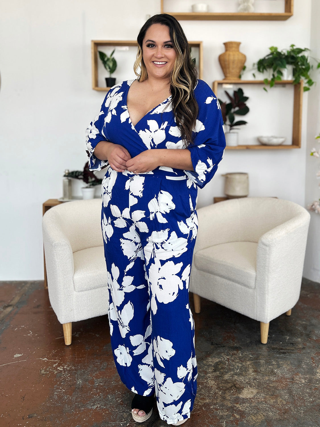 Double Take Full Size Printed Tie Back Wide Leg Jumpsuit Trendsi